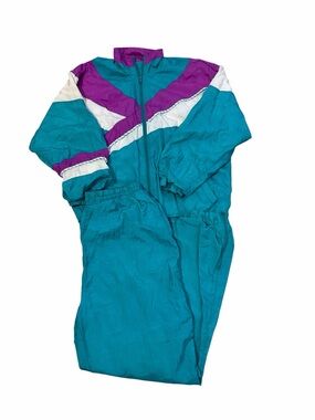VTG Haband for Her Nylon Tracksuit Set Womens Medium Teal Purple Lined 80s 90s